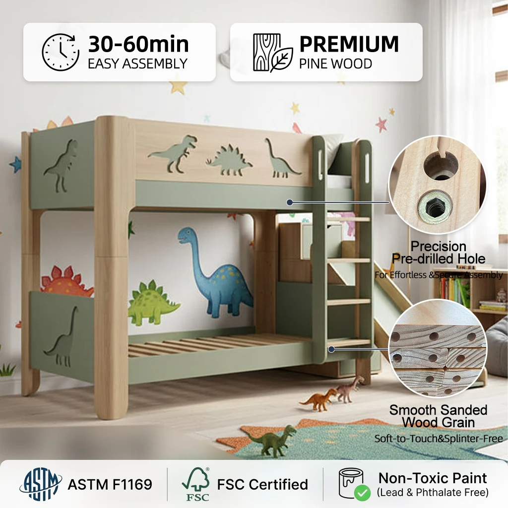 Litera de madera maciza con tem&aacute;tica de dinosaurios, litera moderna y ecol&oacute;gica para ni&ntilde;os con tobog