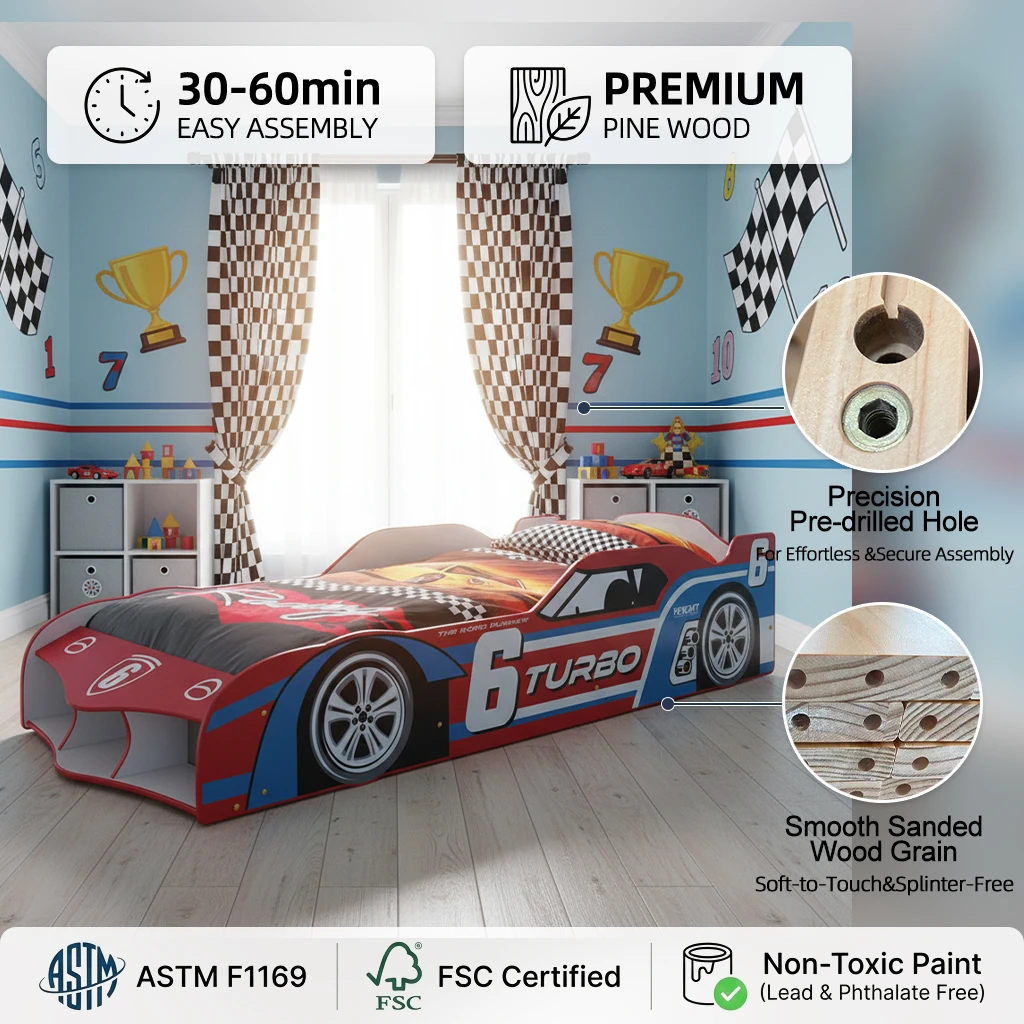 Sof&aacute; cama de madera con forma de coche de carreras, cama ecol&oacute;gica para ni&ntilde;os con almacenamiento y r