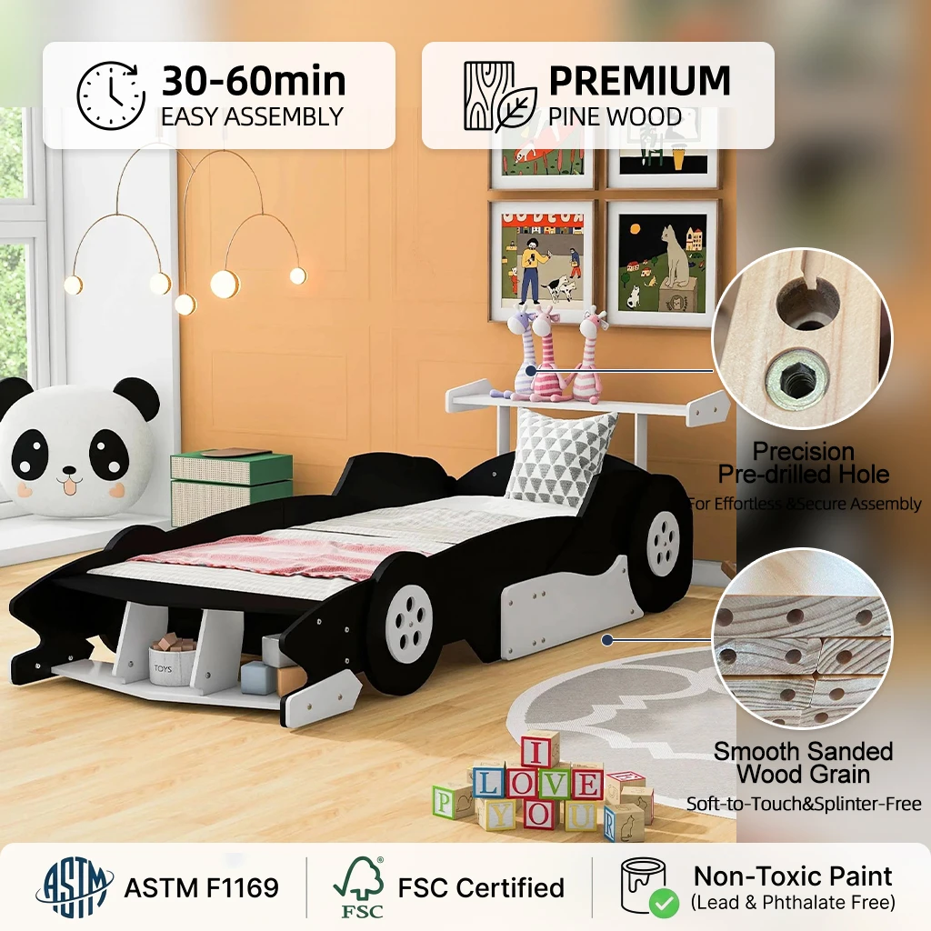 Cama de coche de carreras de madera ecol&oacute;gica moderna, sof&aacute; cama con forma de coche de carreras para