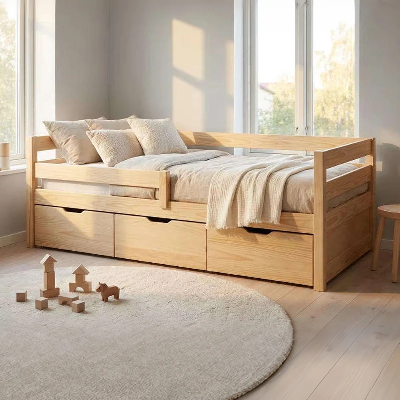 Sof&aacute; cama moderno y ecol&oacute;gico de madera maciza con cajones, elegante cama para ni&ntilde;os
