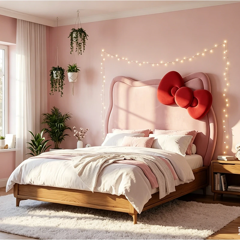 Cama tapizada moderna de madera de Hello Kitty, sof&aacute; cama ecol&oacute;gico para ni&ntilde;as con almacenamiento pa
