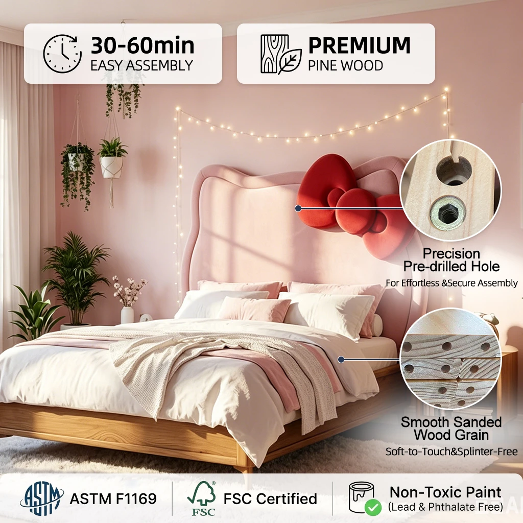 Cama tapizada moderna de madera de Hello Kitty, sof&aacute; cama ecol&oacute;gico para ni&ntilde;as con almacenamiento pa