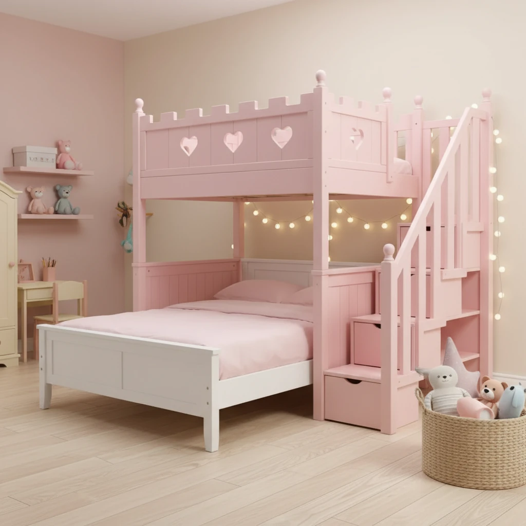 Litera de madera maciza con dise&ntilde;o de castillo de princesa rosa con escaleras de almacenamiento, cam