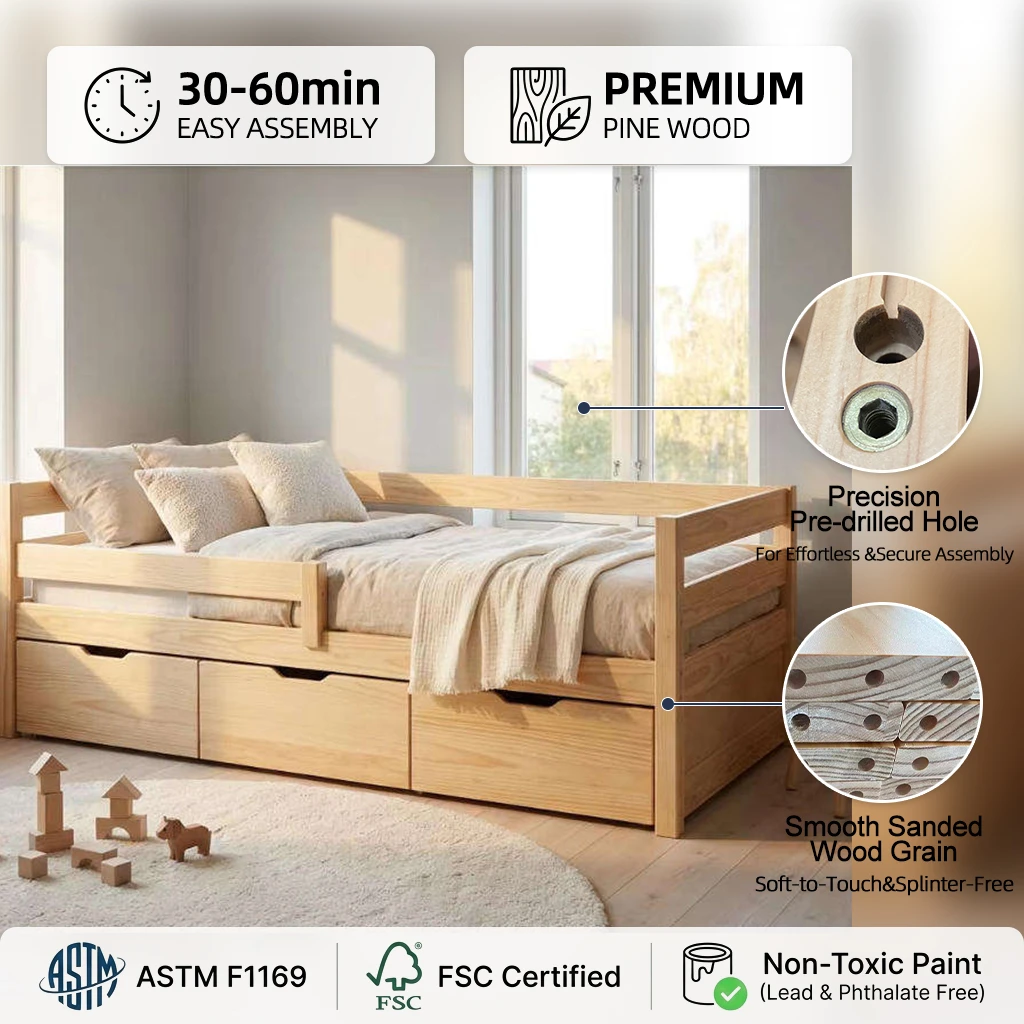 Sof&aacute; cama moderno y ecol&oacute;gico de madera maciza con cajones, elegante cama para ni&ntilde;os