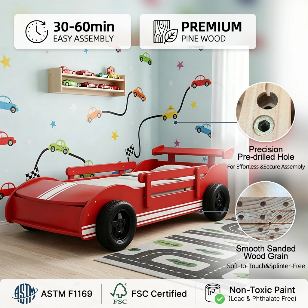 Juego completo de litera con tema de coche para ni&ntilde;os de madera maciza, almacenamiento incluido, lit