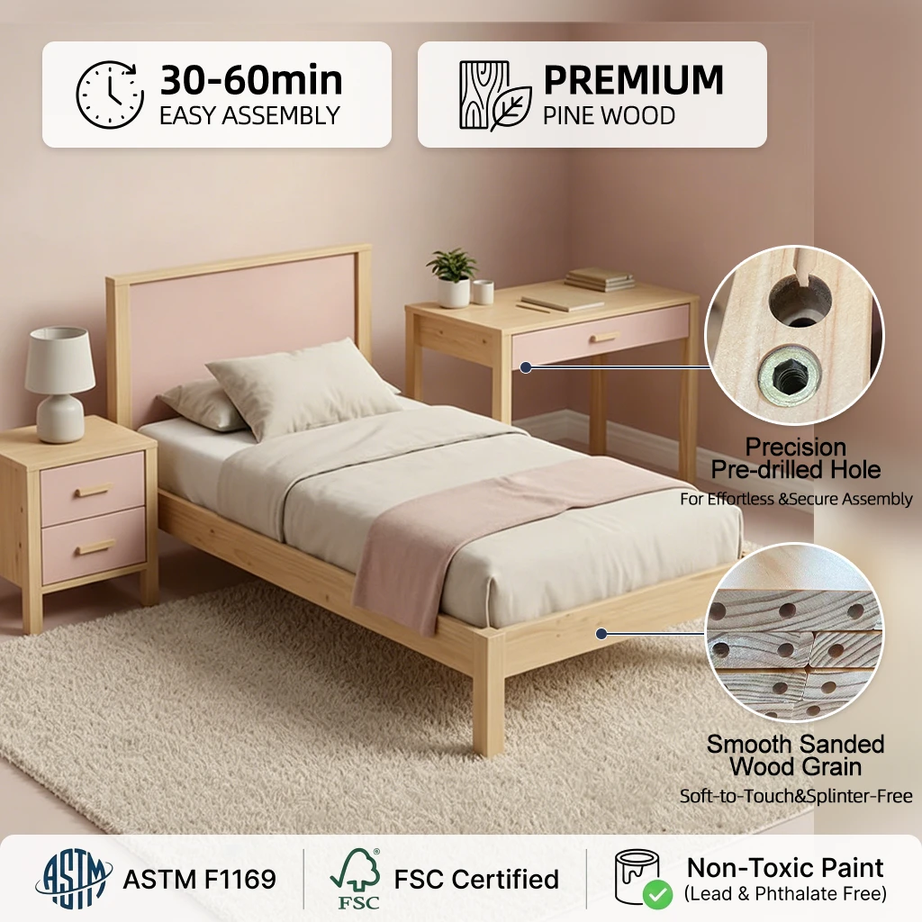 Conjunto de muebles de dormitorio de madera maciza de color rosa, que incluye cama para ni&ntilde;os y escr