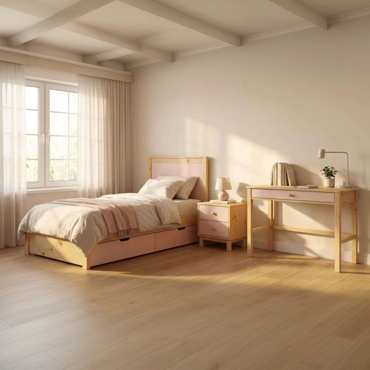 Conjunto de muebles de dormitorio de madera maciza de color rosa, que incluye cama para ni&ntilde;os y escr