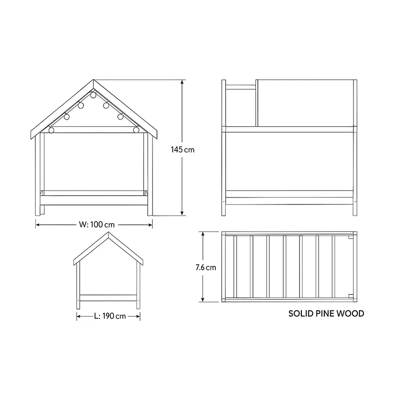 Cama moderna con forma de casa para ni&ntilde;os, estructura de madera maciza de pino con techo, acabado na