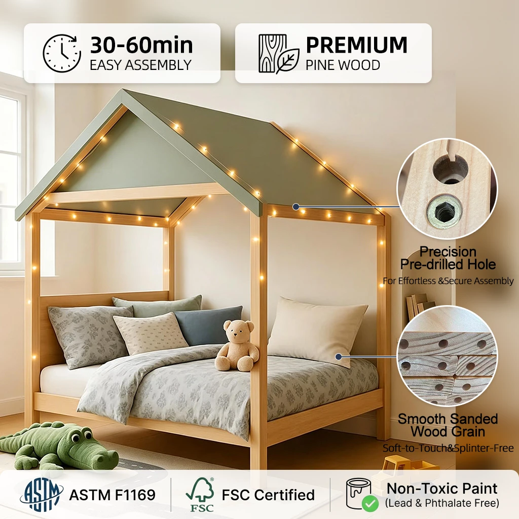 Cama moderna con forma de casa para ni&ntilde;os, estructura de madera maciza de pino con techo, acabado na