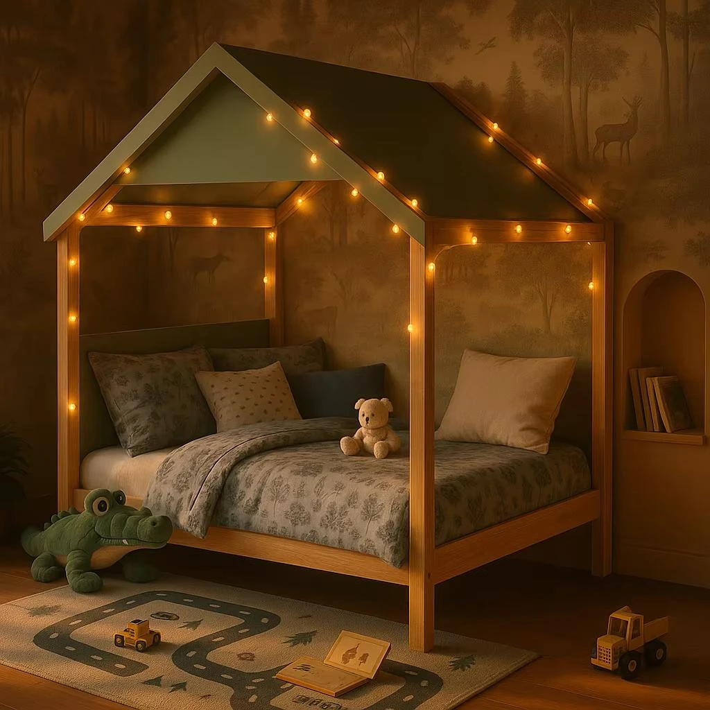 Cama moderna con forma de casa para ni&ntilde;os, estructura de madera maciza de pino con techo, acabado na