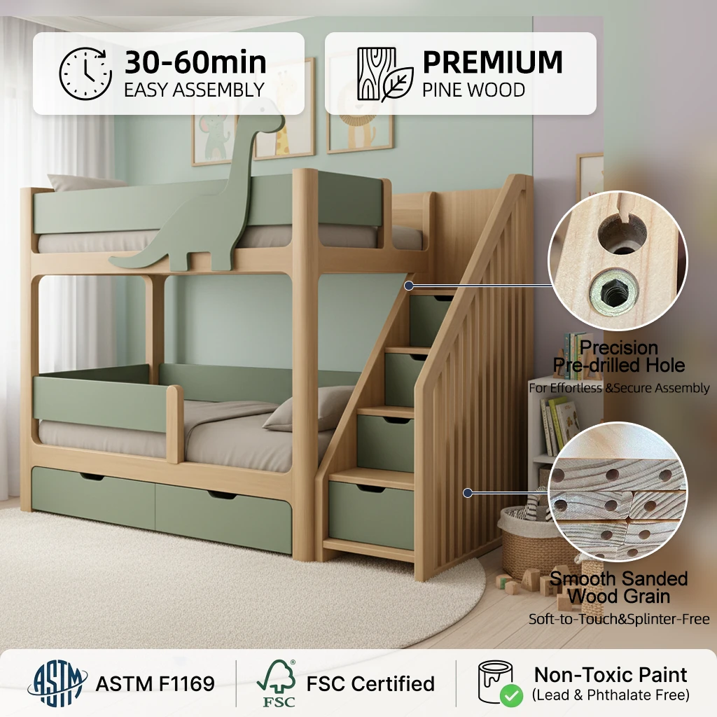 Litera tem&aacute;tica de dinosaurio de madera maciza para ni&ntilde;os, cama moderna con tobog&aacute;n y almacenamiento