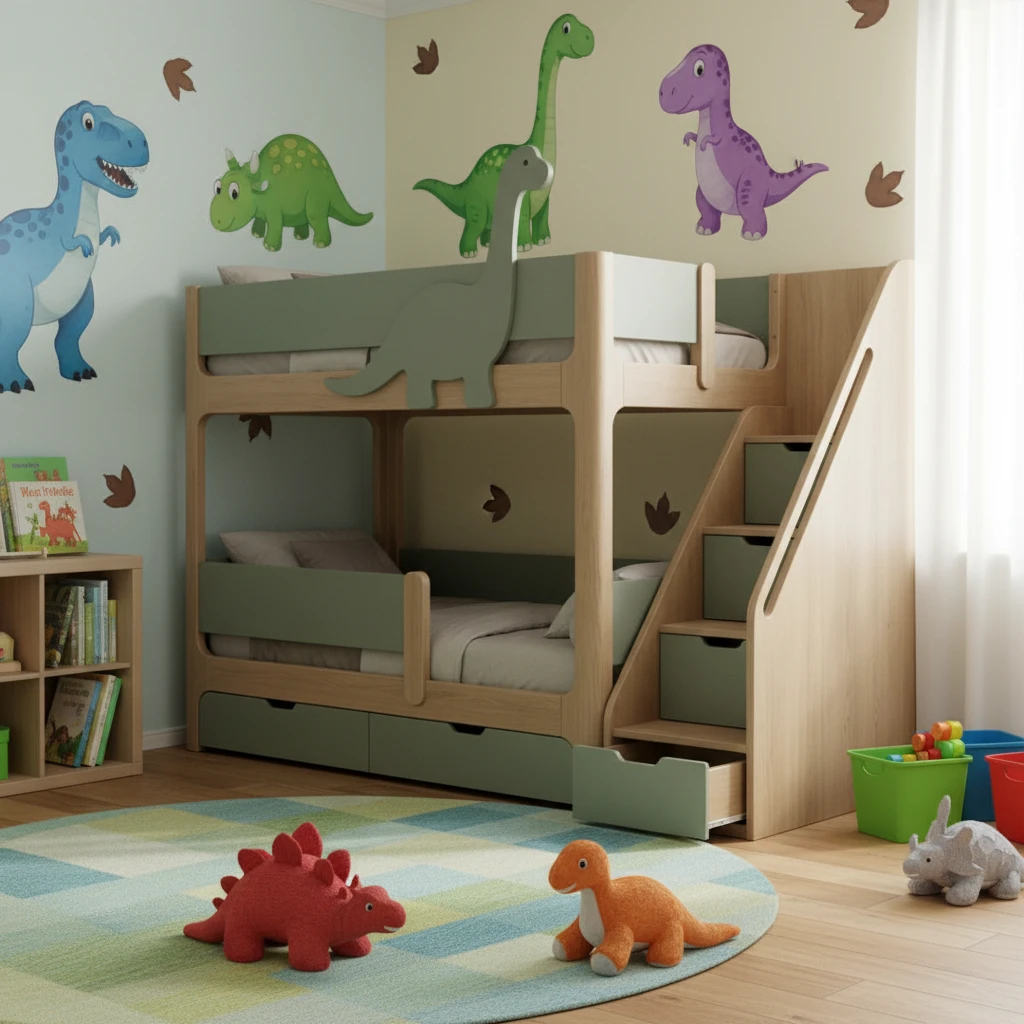 Litera tem&aacute;tica de dinosaurio de madera maciza para ni&ntilde;os, cama moderna con tobog&aacute;n y almacenamiento