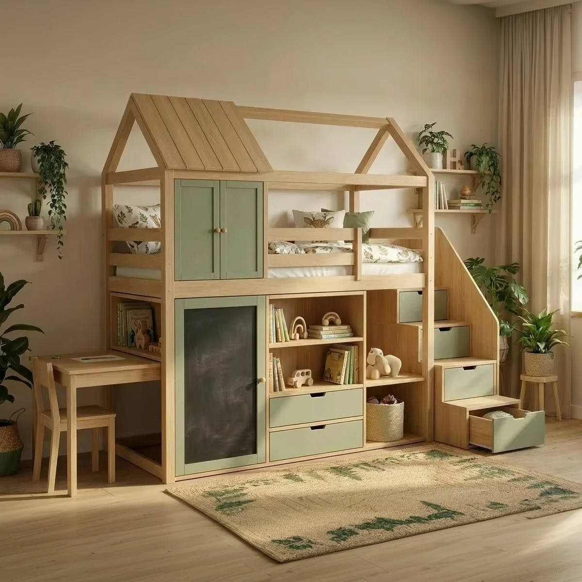 Litera de madera verde oliva ecol&oacute;gica para ni&ntilde;os de marca SR, cama moderna multifunci&oacute;n con forma d