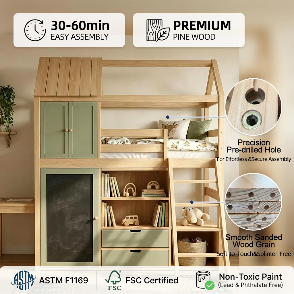Litera de madera verde oliva ecol&oacute;gica para ni&ntilde;os de marca SR, cama moderna multifunci&oacute;n con forma d