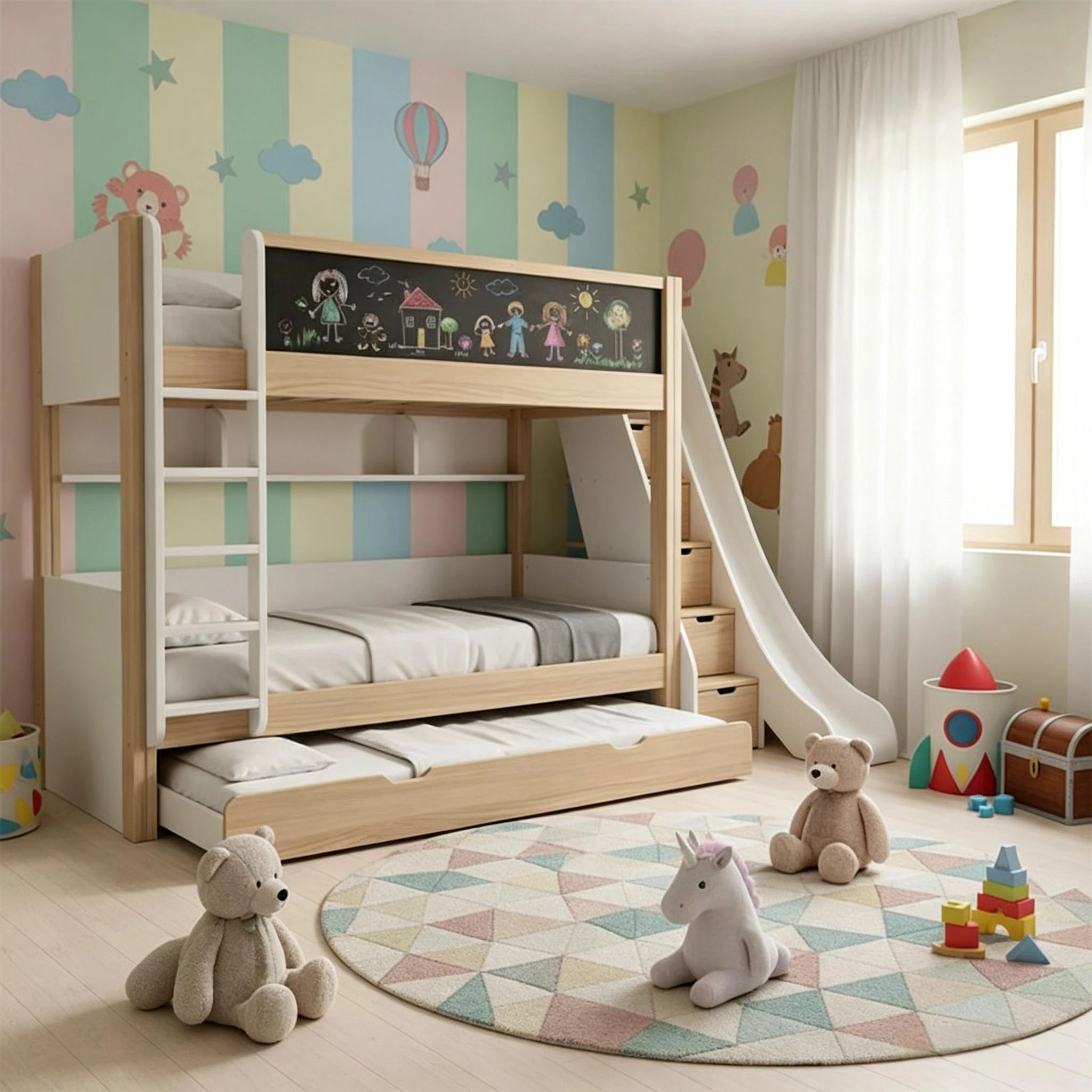 Litera moderna de dos pisos para ni&ntilde;os con tobog&aacute;n y barandilla, marco de cama de madera para dormit