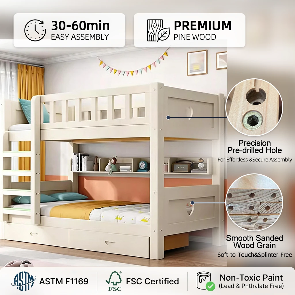 Litera alta y baja moderna de madera maciza para ni&ntilde;os, estructura gruesa de cama doble para madre e