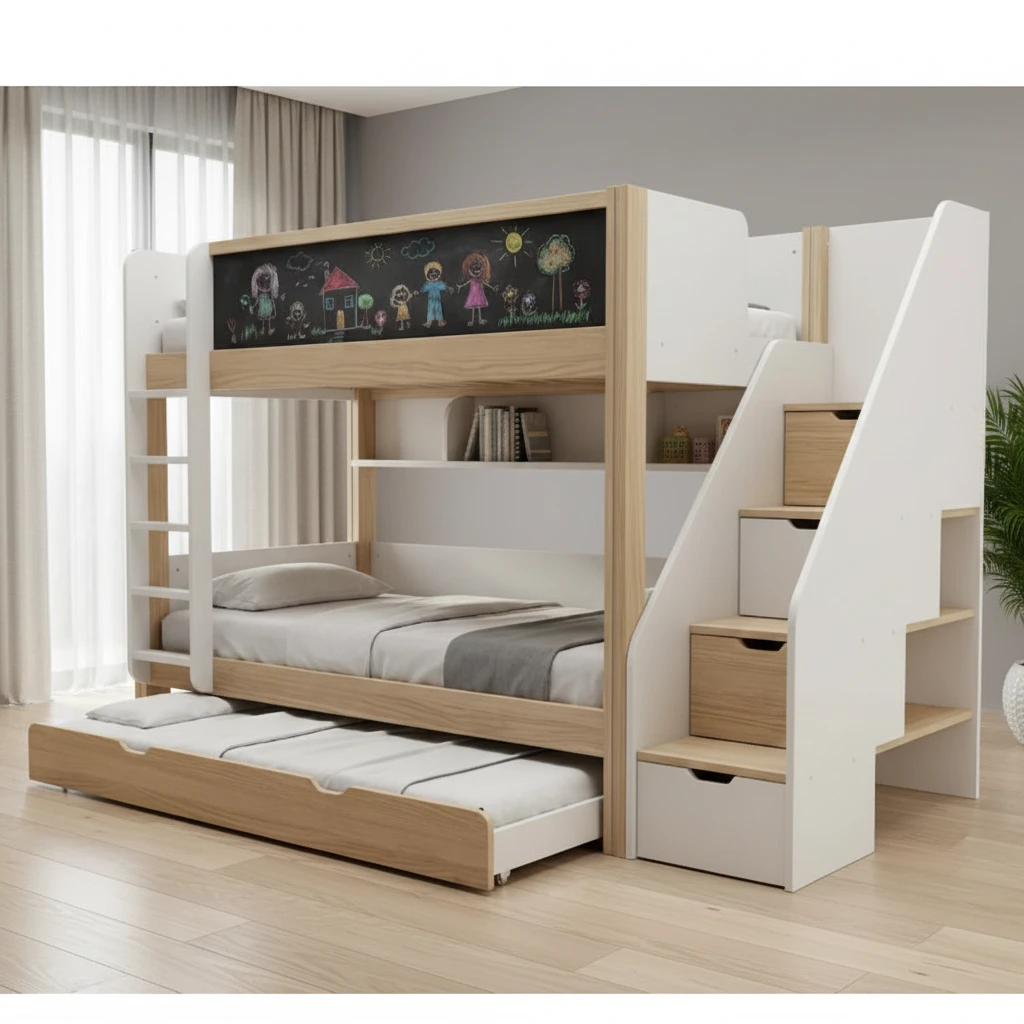 Litera moderna de dos pisos para ni&ntilde;os con tobog&aacute;n y barandilla, marco de cama de madera para dormit
