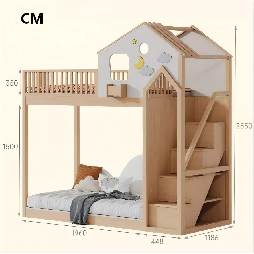Cama doble elevada multifuncional para madre e hijo, cama moderna de madera maciza con nube, casa en