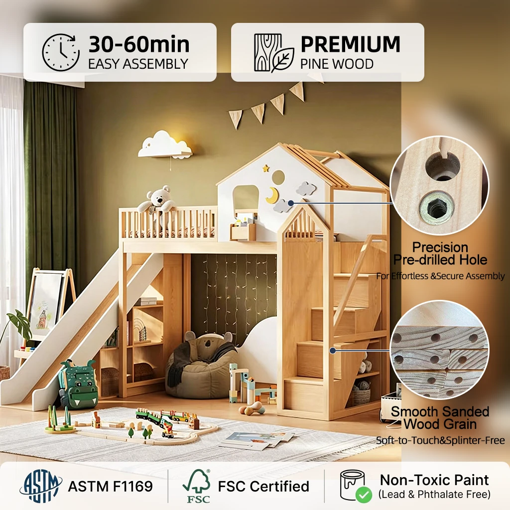 Cama doble elevada multifuncional para madre e hijo, cama moderna de madera maciza con nube, casa en