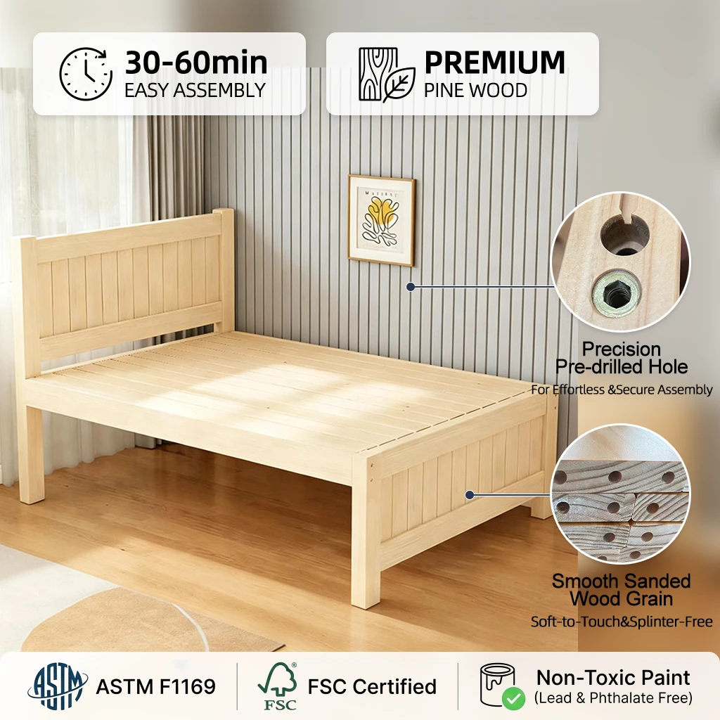 Marco de cama elevado de pino macizo moderno con almacenamiento, cama para ni&ntilde;os de tama&ntilde;o individua