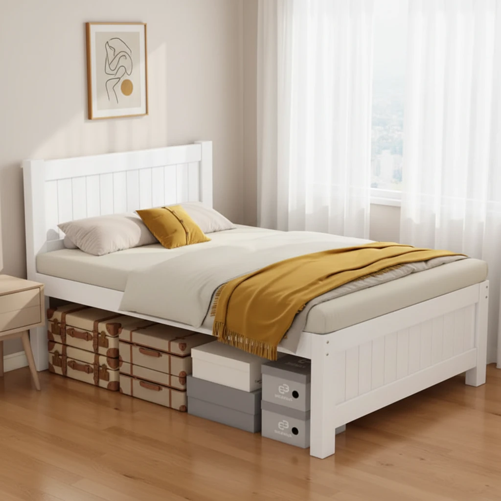 Marco de cama elevado de pino macizo moderno con almacenamiento, cama para ni&ntilde;os de tama&ntilde;o individua