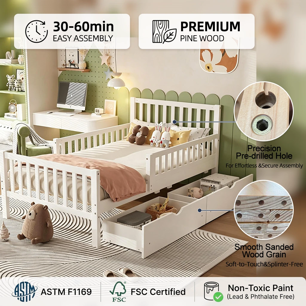 Marco de cama con plataforma para ni&ntilde;os, moderno, de madera maciza, 3 cajones de almacenamiento deba