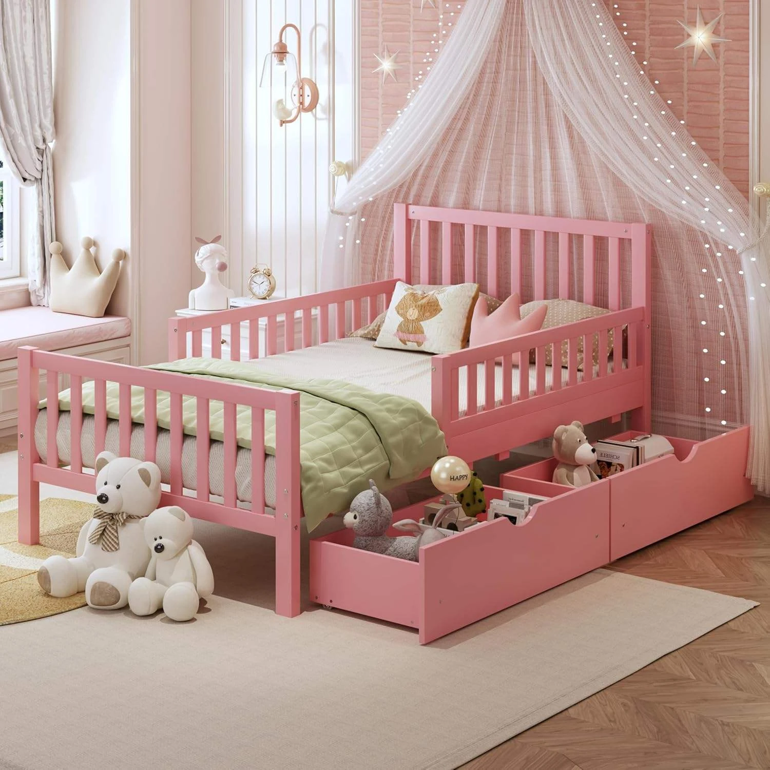 Marco de cama con plataforma para ni&ntilde;os, moderno, de madera maciza, 3 cajones de almacenamiento deba