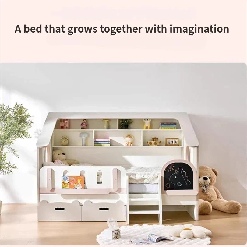 Cama moderna para ni&ntilde;os con cajones de almacenamiento y estanter&iacute;a incorporada, cama de suelo Montes
