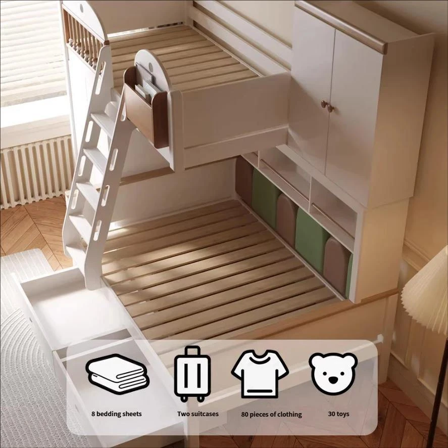 Cama alta y baja para ni&ntilde;os de madera maciza escalonada contempor&aacute;nea, cama compensada combinada mul