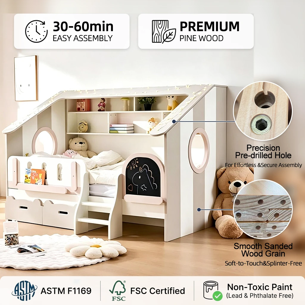 Cama moderna para ni&ntilde;os con cajones de almacenamiento y estanter&iacute;a incorporada, cama de suelo Montes