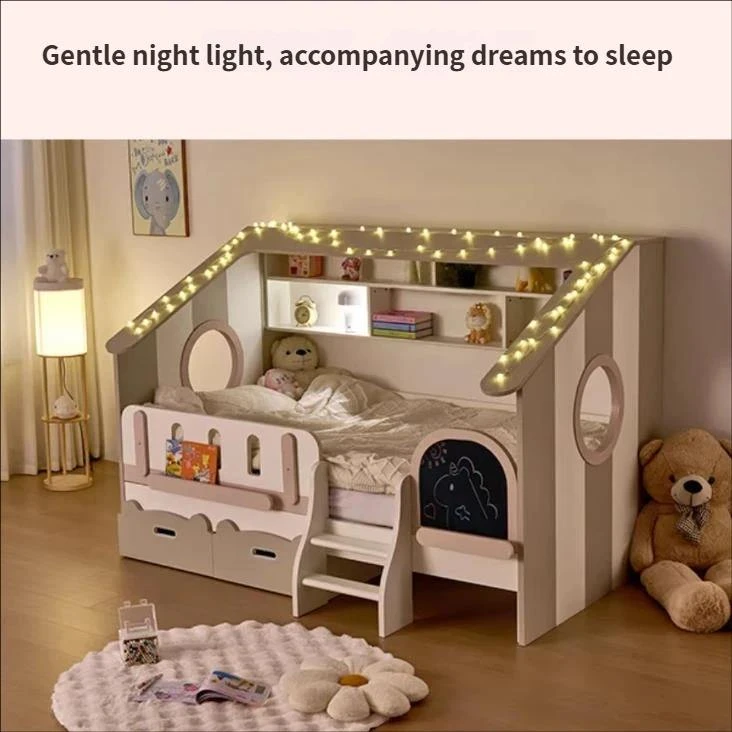 Cama moderna para ni&ntilde;os con cajones de almacenamiento y estanter&iacute;a incorporada, cama de suelo Montes