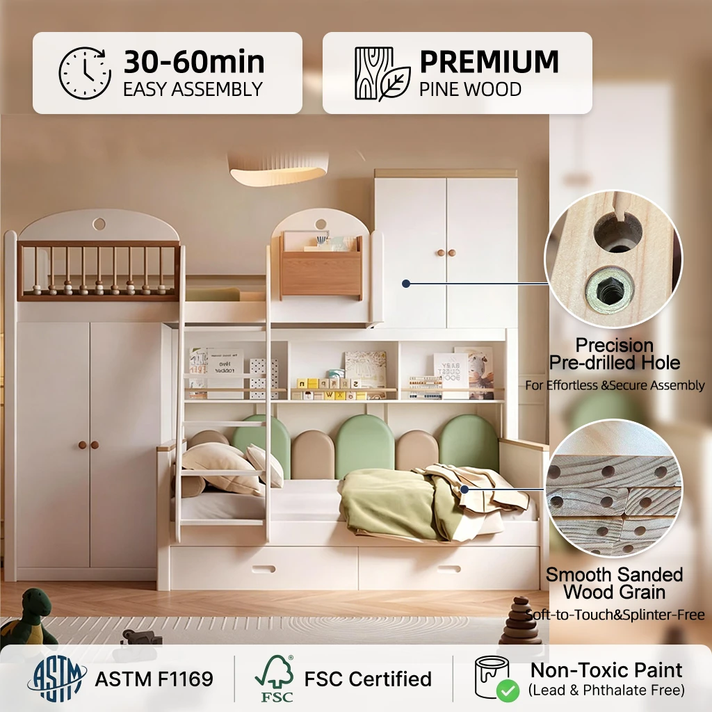 Cama alta y baja para ni&ntilde;os de madera maciza escalonada contempor&aacute;nea, cama compensada combinada mul