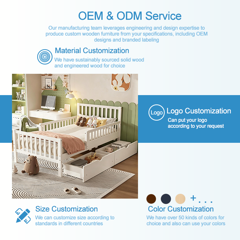 Moderno marco de cama con plataforma para niños de madera maciza con 3 cajones de almacenamiento debajo de la cama y barandillas de seguridad, cama de madera de tamaño doble para niños y niñas, acabado blanco 