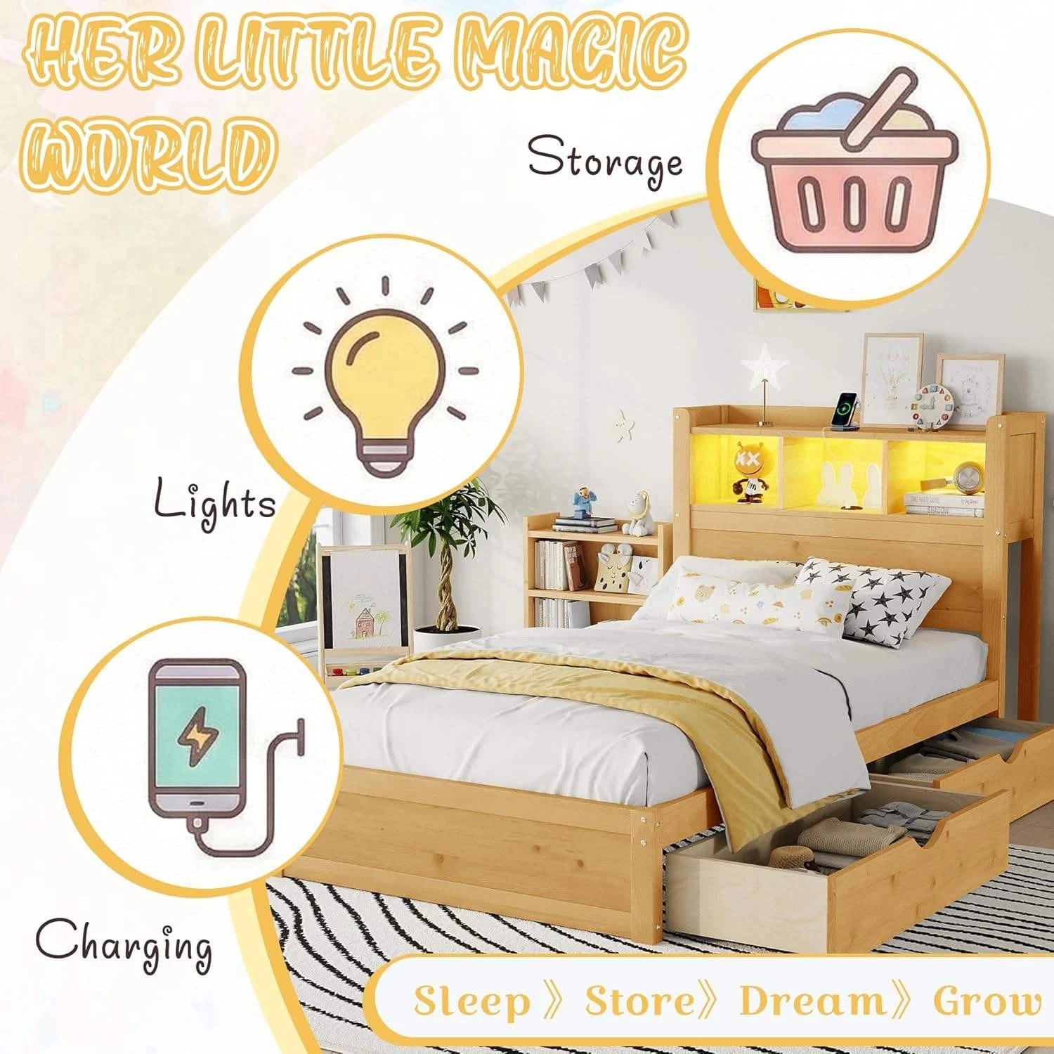 Cama moderna para ni&ntilde;os de madera maciza con cabecera con luz LED, almacenamiento y 3 cajones latera