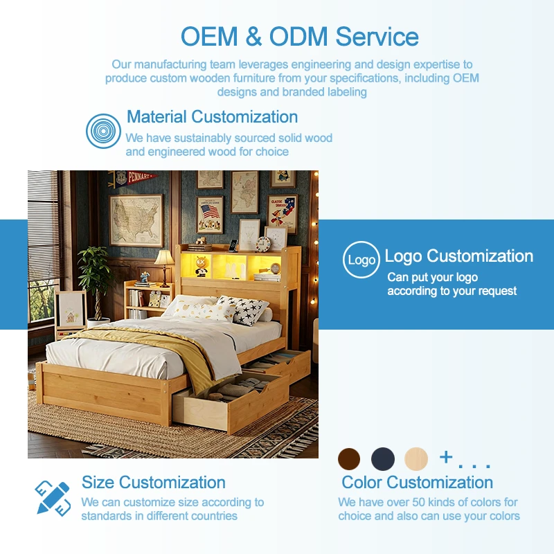 Cama moderna para ni&ntilde;os de madera maciza con cabecera con luz LED, almacenamiento y 3 cajones latera