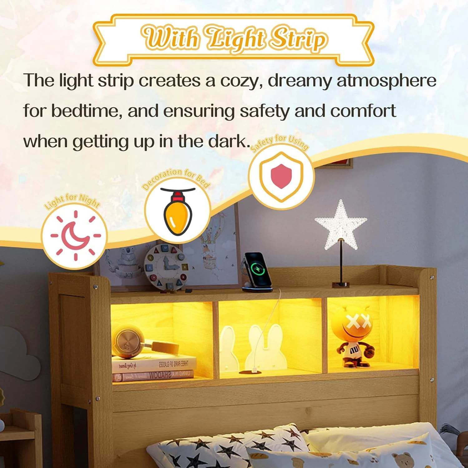 Cama moderna para ni&ntilde;os de madera maciza con cabecera con luz LED, almacenamiento y 3 cajones latera