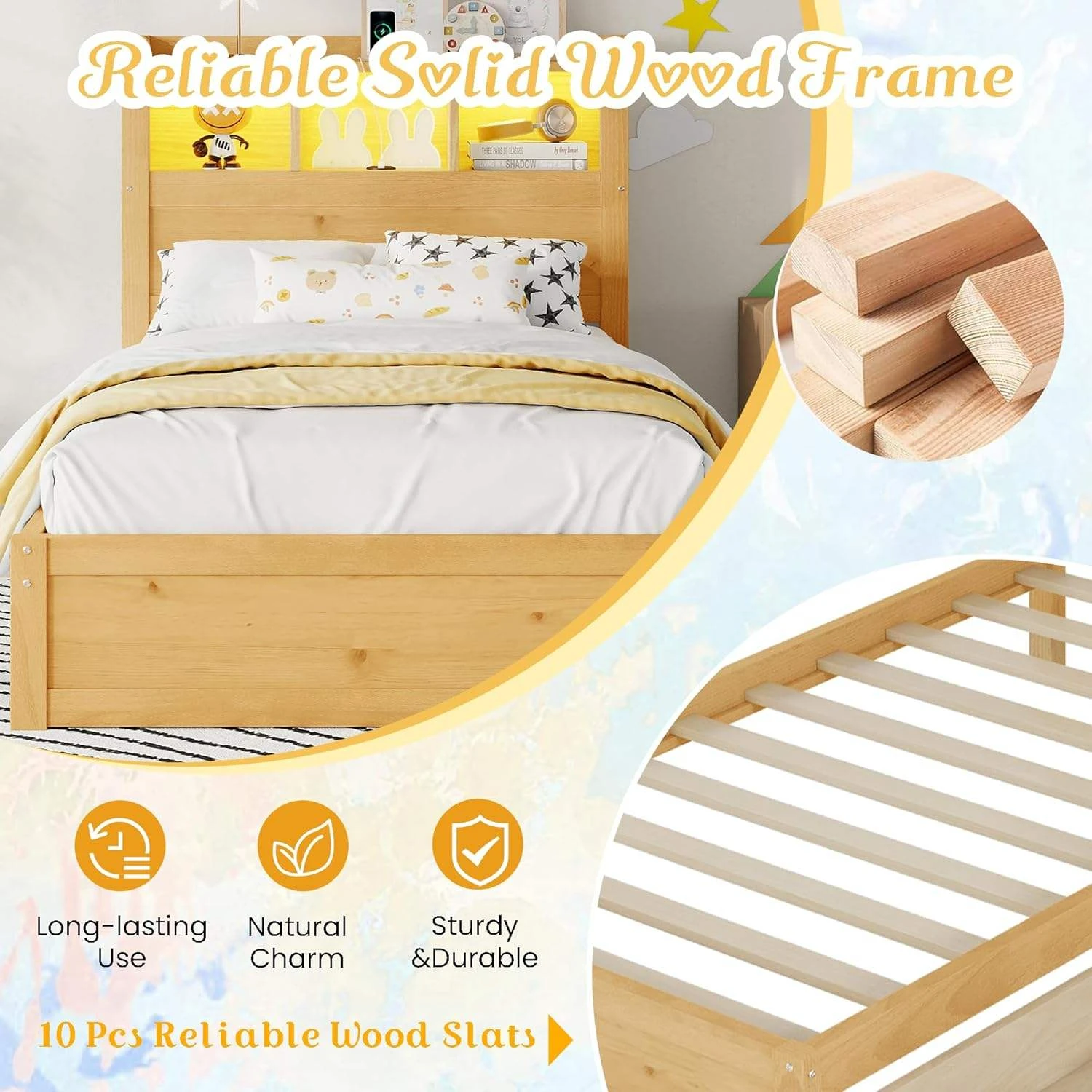 Cama moderna para ni&ntilde;os de madera maciza con cabecera con luz LED, almacenamiento y 3 cajones latera