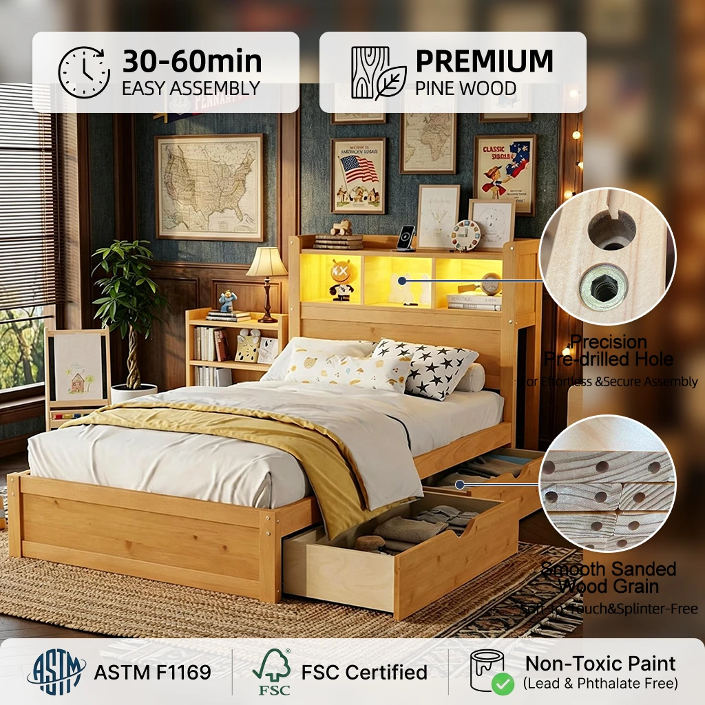 Cama moderna para ni&ntilde;os de madera maciza con cabecera con luz LED, almacenamiento y 3 cajones latera