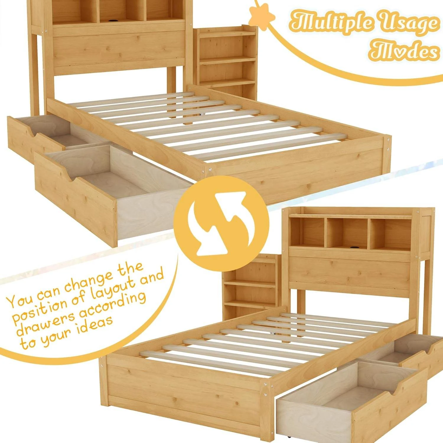 Cama moderna para ni&ntilde;os de madera maciza con cabecera con luz LED, almacenamiento y 3 cajones latera