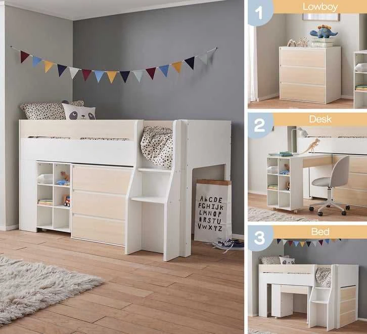 Cama alta multifuncional moderna para ni&ntilde;os con escritorio integrado, estanter&iacute;a y 3 cajones, cama i