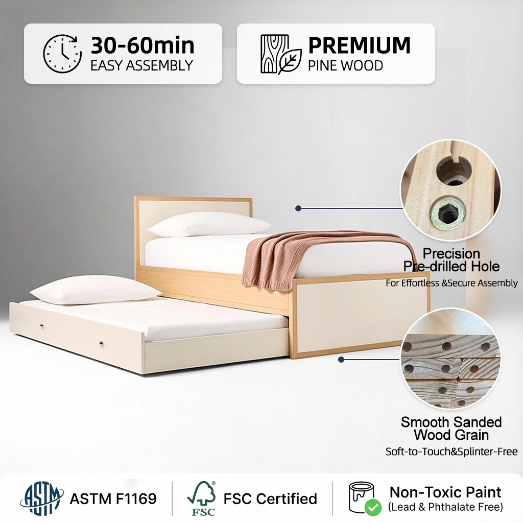 Cama de plataforma de tama&ntilde;o doble moderna con cama nido extra&iacute;ble, marco de cama de madera minimali