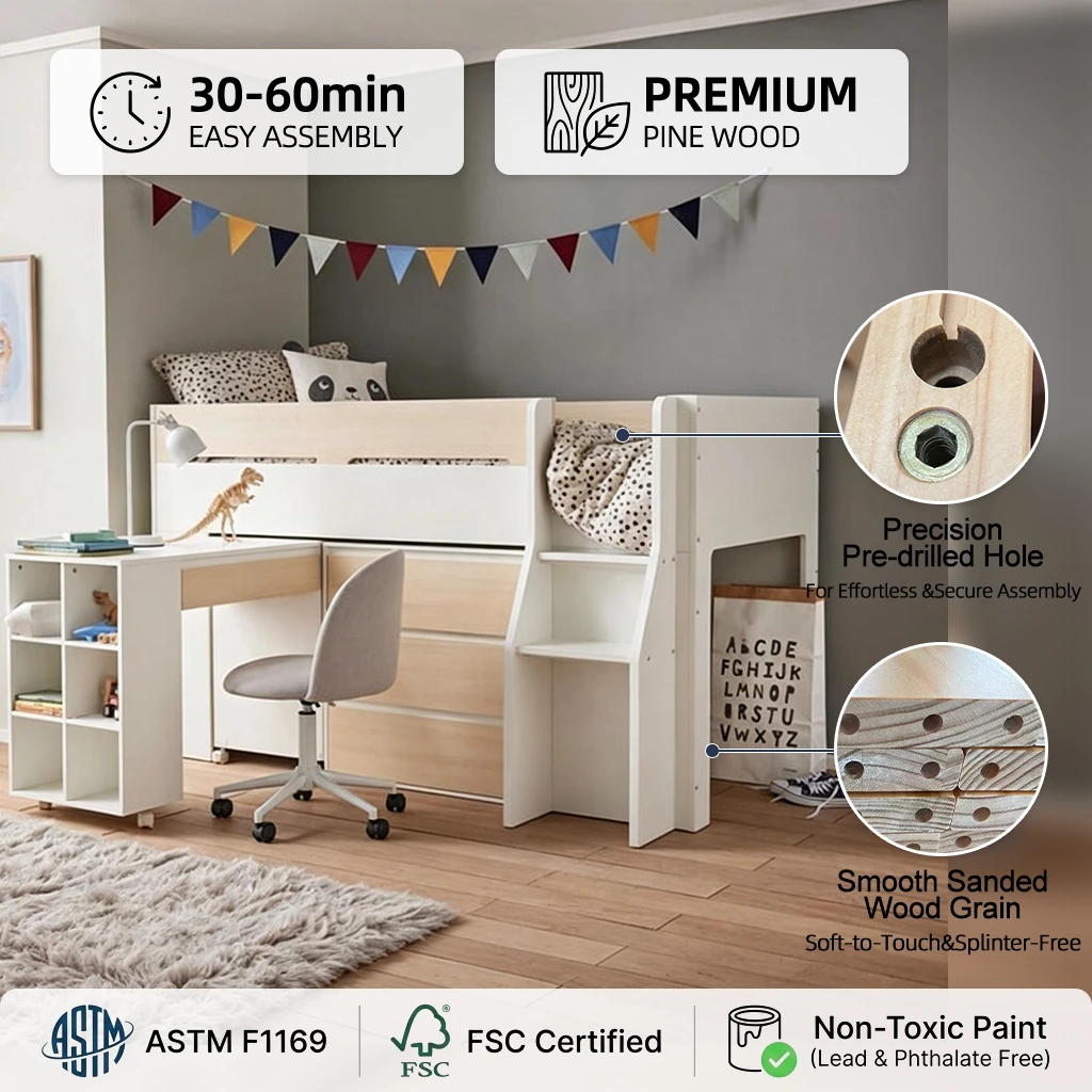 Cama alta multifuncional moderna para ni&ntilde;os con escritorio integrado, estanter&iacute;a y 3 cajones, cama i