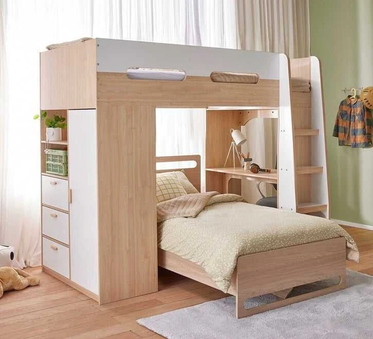 Cama alta moderna para ni&ntilde;os con armario integrado, escritorio incorporado y 3 cajones, cama doble d