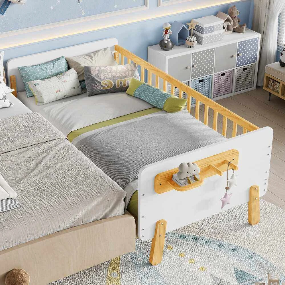 Cama moderna con plataforma de madera maciza para ni&ntilde;os con barandillas de seguridad y estante de al