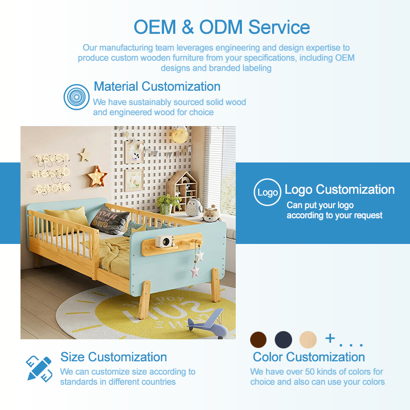 Cama moderna con plataforma de madera maciza para niños con barandillas de seguridad y estante de almacenamiento integrado, cama individual de estilo escandinavo para niños pequeños, azul cielo y pino natural