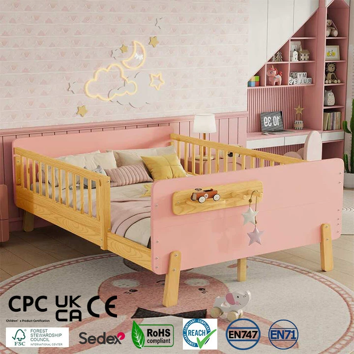 Cama moderna con plataforma de madera maciza para ni&ntilde;os con barandillas de seguridad y estante de al