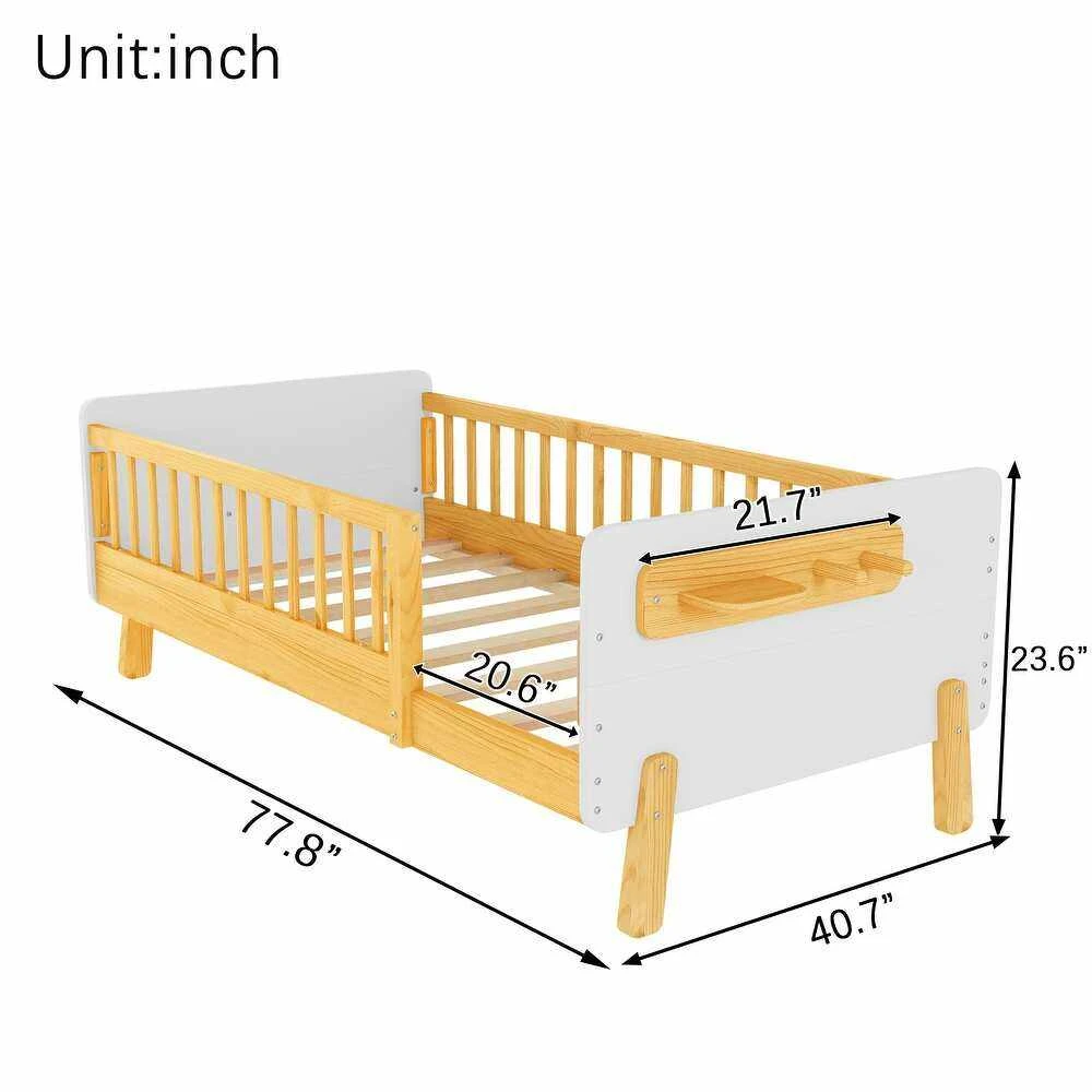 Cama moderna con plataforma de madera maciza para ni&ntilde;os con barandillas de seguridad y estante de al