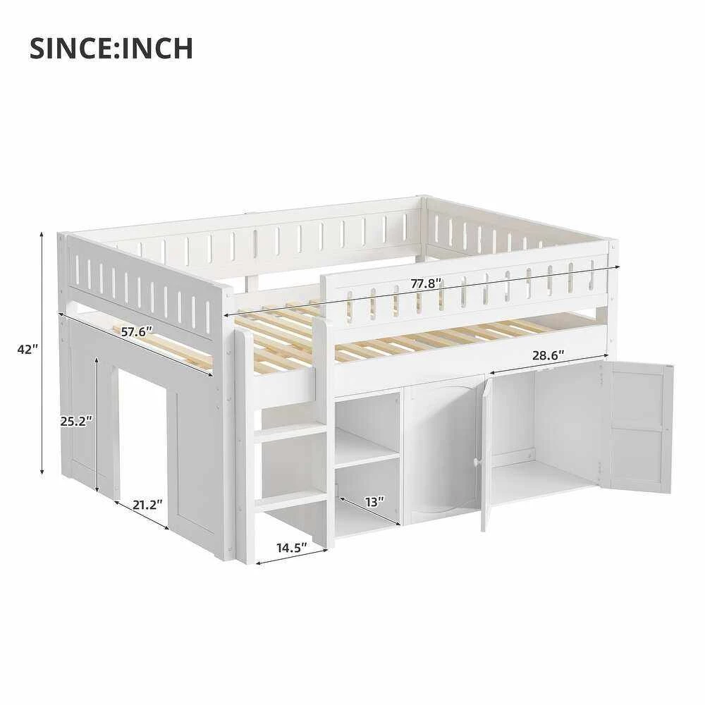 Cama semi-loft para ni&ntilde;os de madera maciza con gabinete de almacenamiento y estanter&iacute;a integrados, c