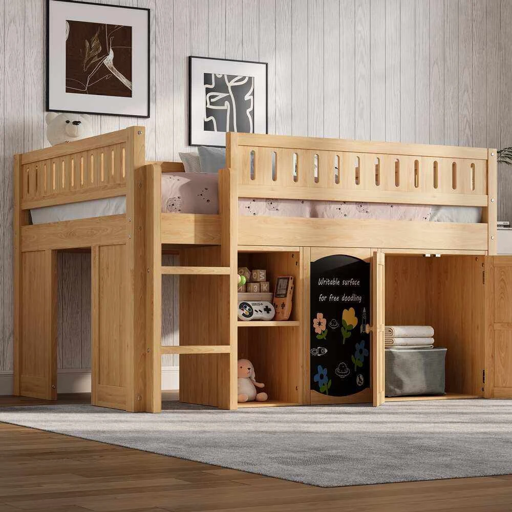 Cama semi-loft para ni&ntilde;os de madera maciza con gabinete de almacenamiento y estanter&iacute;a integrados, c