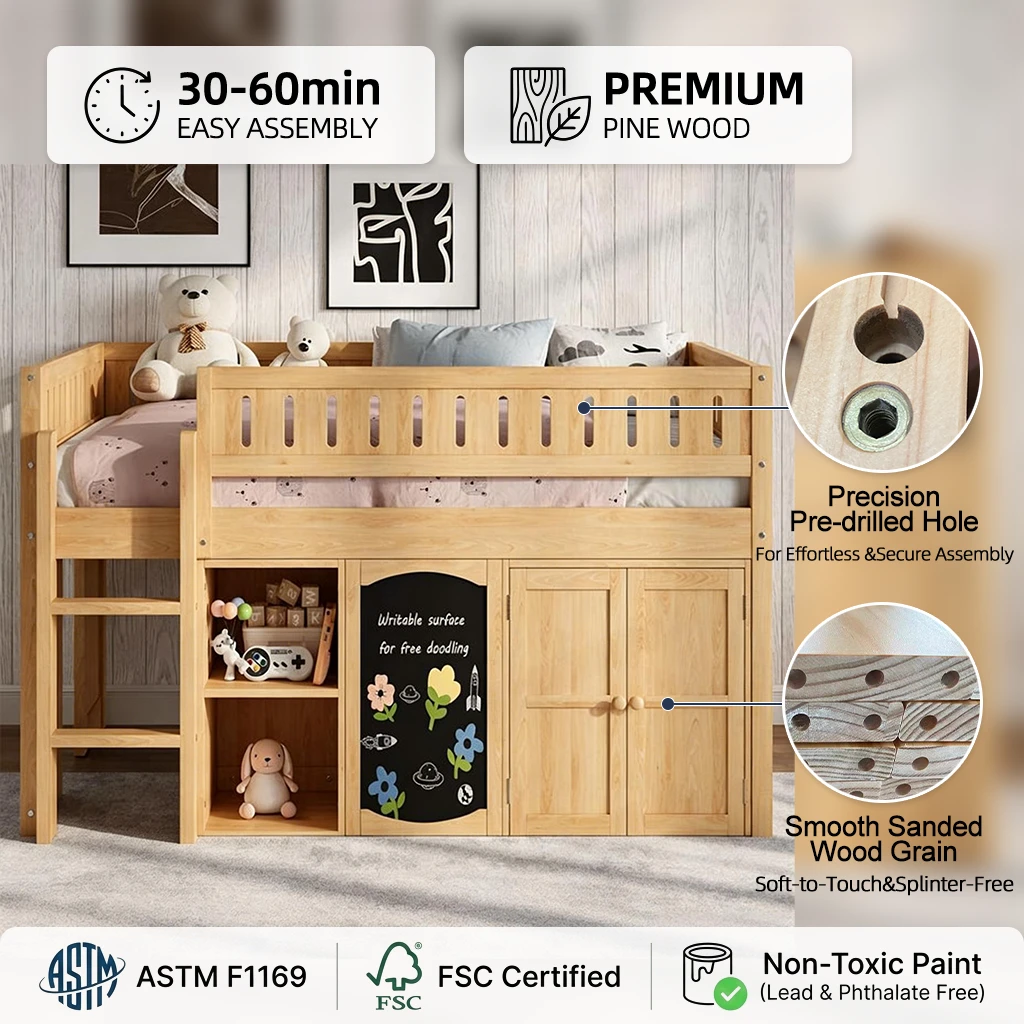 Cama semi-loft para ni&ntilde;os de madera maciza con gabinete de almacenamiento y estanter&iacute;a integrados, c